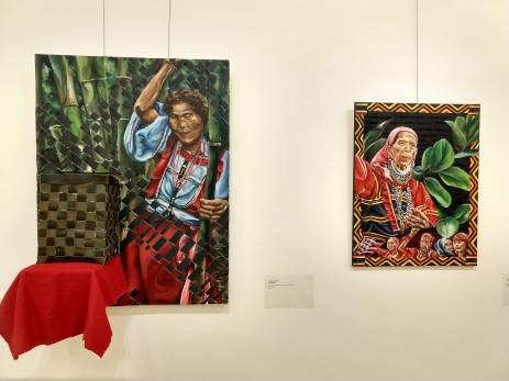 Jessa Mae Mendiola, "Liyang weaver" (left) and "Our Land, Our Tribe, Our Lives" (right)